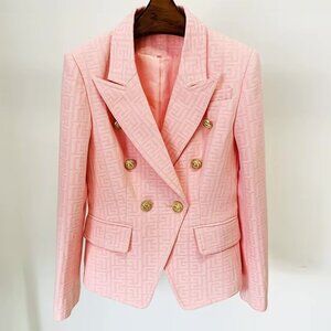 NEW! Pink Jacquard Gold Button Geo Detail Blazer Jacket
